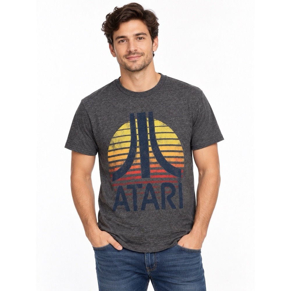 Atari Retro Sunset Logo Graphic T-Shirt Charcoal Gray Small Gamer Arcade T
